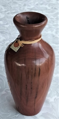 VINTAGE TURNED RED GUM TIMBER VASE WITH ABORIGINAL DOT PAINTING SIGNED - Picture 6 of 11