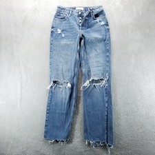We The Free Jeans Womens 25 Blue Straight Button Fly Boho Mid Rise Raw Hem