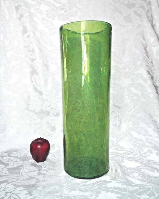 18" Hand Blown GREEN TALL VASE, Cylindrical Towering Glass Decorative