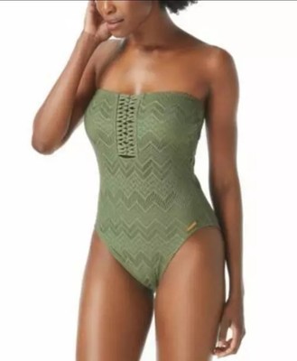Vince Camuto Crochet Bandeau One-Piece Swimsuit Safari Green Size 10