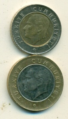 2 NICE AU-UNC BI-METAL COINS from TURKEY -  50 KURUS & 1 LIRA (BOTH DATING 2017)