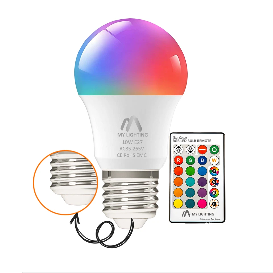 RGB LED Bulbs 10W E27 with Remote | Dimmable | 16 Colours + 6500K White | 2 Pack - Image 2 of 4