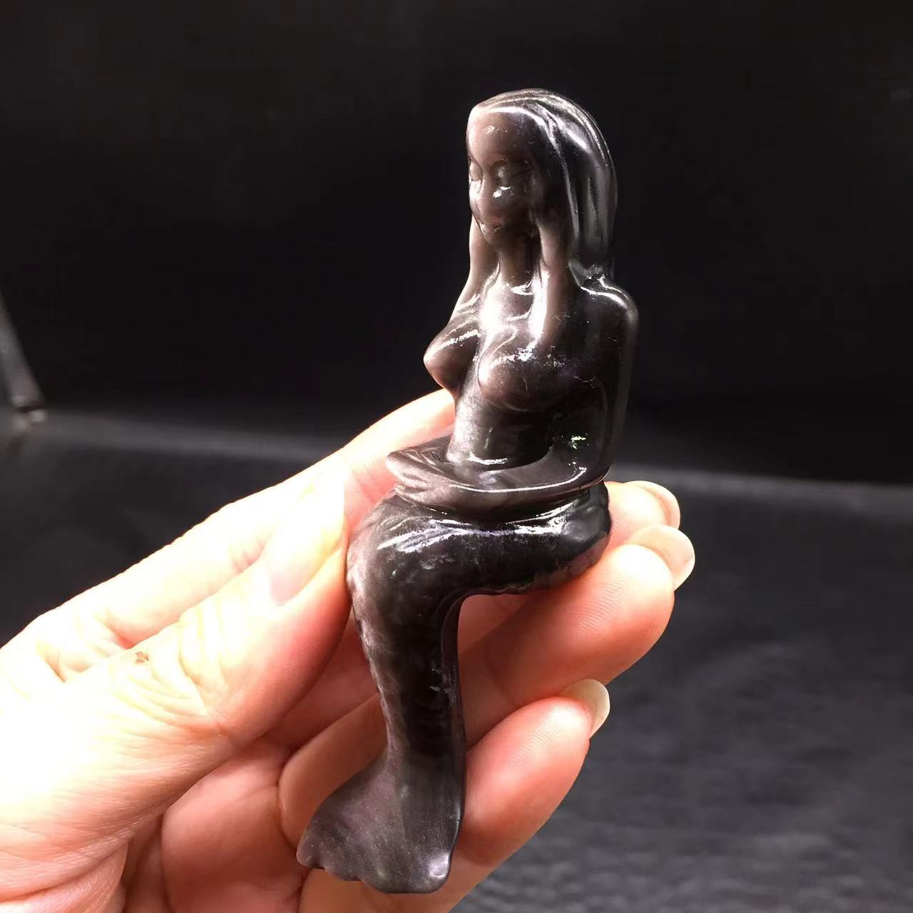 Natural Silver Obsidian Quartz Crystal Carved Mermaid Healing Reiki Decorate 1Pc