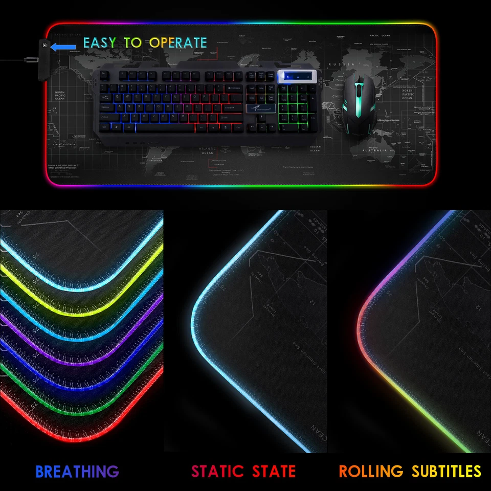 RGB LED Gaming Mouse Soft Pad Extra Large Oversized Glowing World Map 31.5X12'' - Image 2 of 4