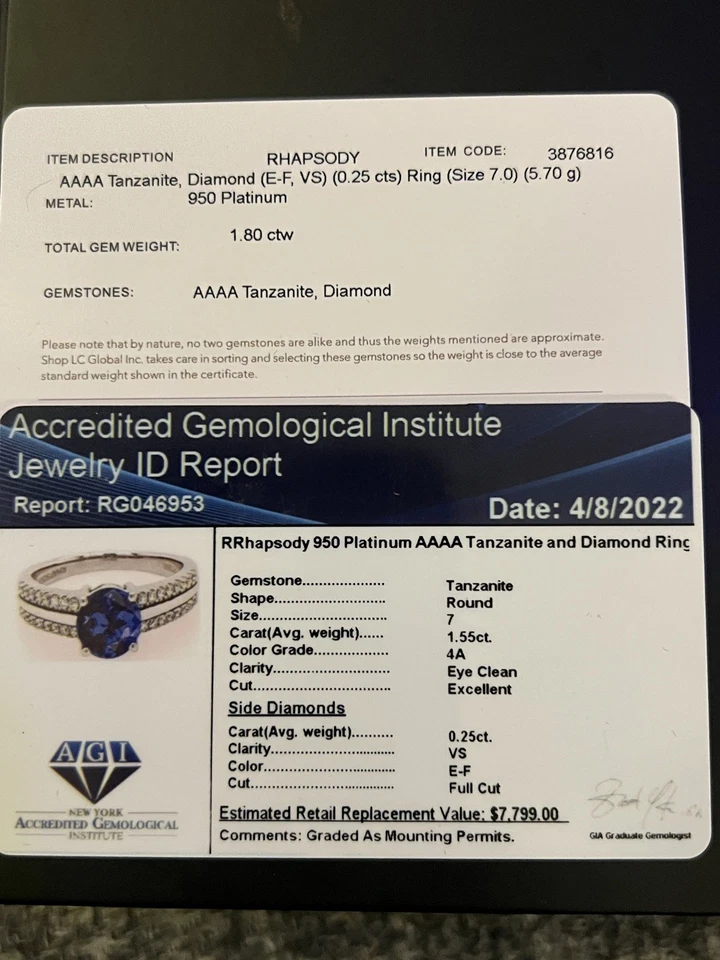 Anillo solitario de tanzanita AAAA de platino de 0,90 quilates RHAPSODY 950 talla 7 (4,12 g) Foto 3 de 3