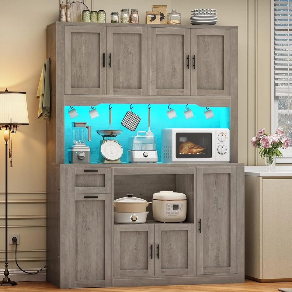 Mueble despensa de cocina 71" con luz LED y soporte para microondas, gabinete de almacenamiento de cocina Foto 3 de 4