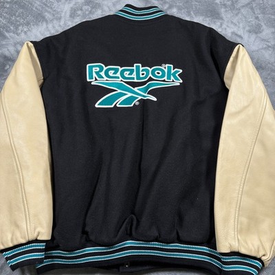 Vintage Reebok Leather Varsity Jacket Mens 2XL Black Wool