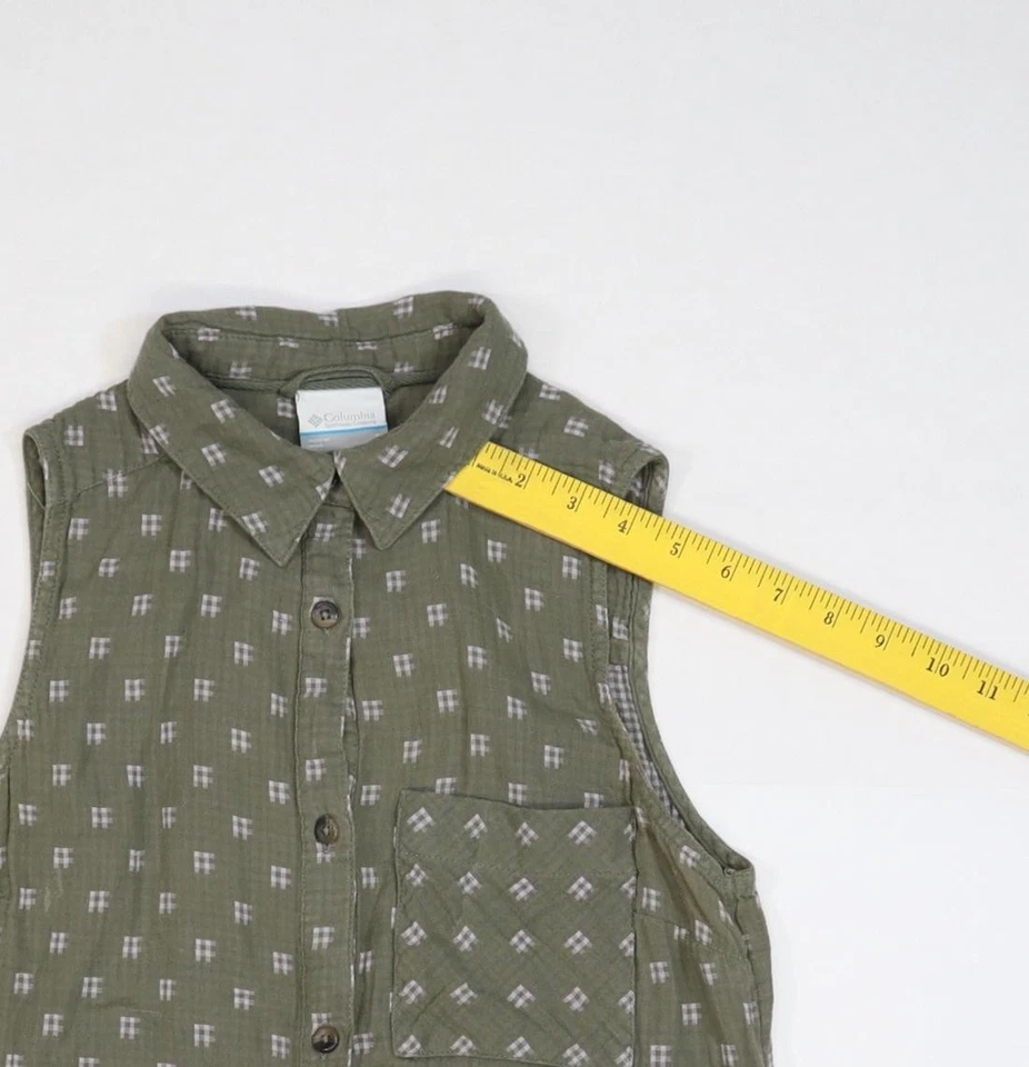 Camisa Columbia feminina pequena verde sem mangas bolso com botões algodão ao ar livre - Imagem 4 de 4