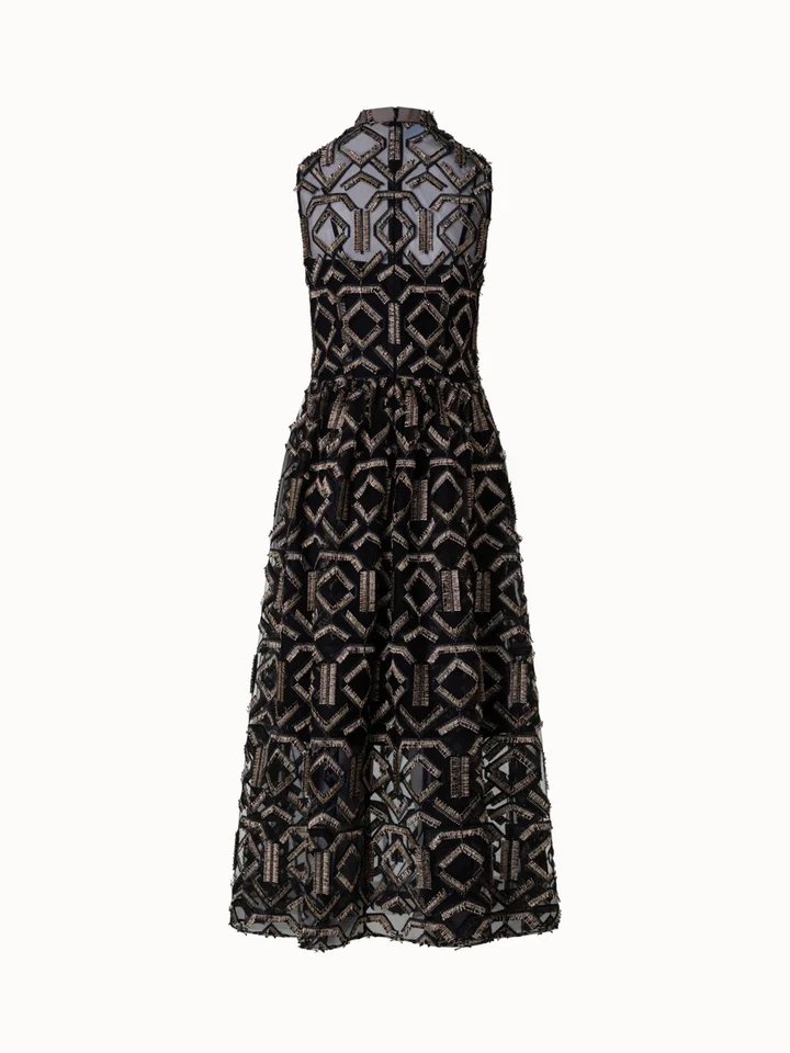 NUEVO, Vestido Midi Akris Metálico Bordado Sin Mangas Negro Talla 10 #MD856 Foto 2 de 4