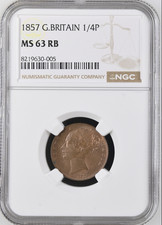 :1857 FARTHING GREAT BRITAIN VICTORIA CHOICE NGC MS63RB RARITY R6 HIGHEST GRADES