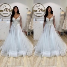 Elegant Wedding Dresses V Neck Long Sleeves A Line Lace Appliques Bridal Gowns