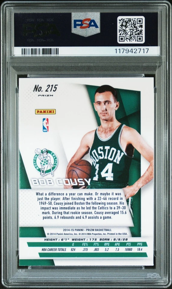 Bob Cousy 2014 Panini Prizm Silver Signed Basketball Card #215 PSA 9 Auto 10 - Image 2 of 2