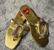 Love Moschino Women  s Logo Slide Sandals Leather Slip-On Gold Red US 8