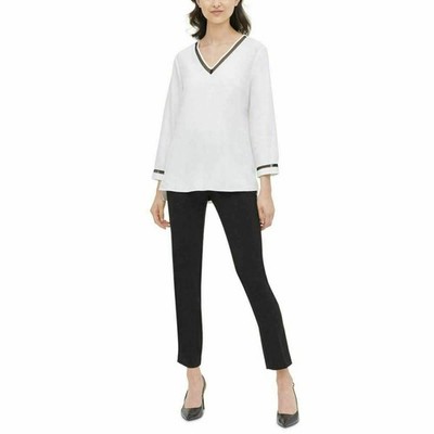 Calvin Klein V-neck Mesh Illusion-trimmed Blouse Shirt Top MSRP $80 NWOT