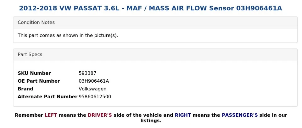 VW PASSAT 2012-2018 3,6 L - MAF / sensor de flujo de aire de masa 03H906461A Foto 4 de 4