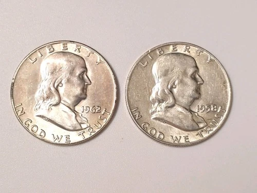 $1 Face Value 90% Silver 2 Franklin Half Dollar Coins AU 1962 D & 1958