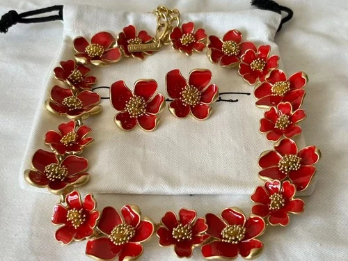 Oscar De La Renta Gold Tone Red  Enamel Flower Necklace & Earrings