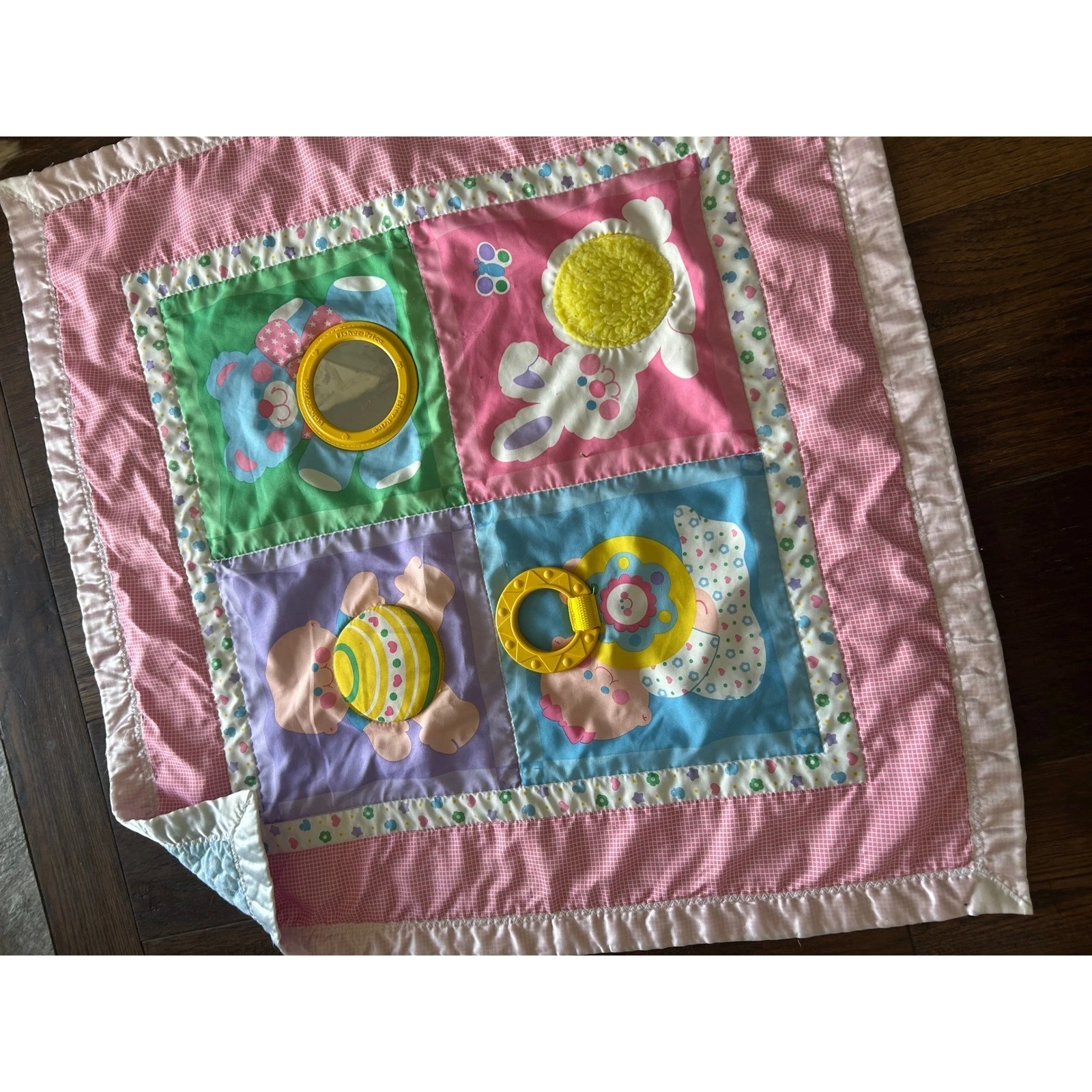Vintage Fisher Price Baby Activity Play Mat Pink Blue Quilted Sensory Mirror
