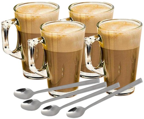 4/6 Latte Coffee Glasses Cappuccino Lattes Tea Glass Cups Hot Drink Mugs+ Spoons - Picture 14 of 16