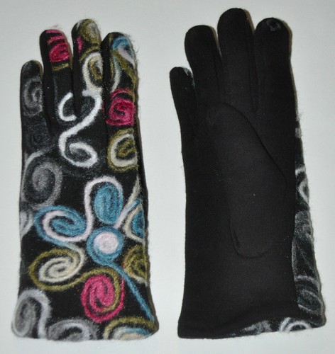 NUEVO Guantes Para Mujer Talla M (Dedos Largos) Negro Colorido Fieltro Lana Diseño IMPRESIONANTE - Imagen 4 de 7