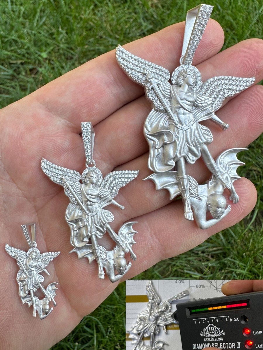 Real MOISSANITE Saint St Michael Slaying Dragon Pendant 925 Silver
