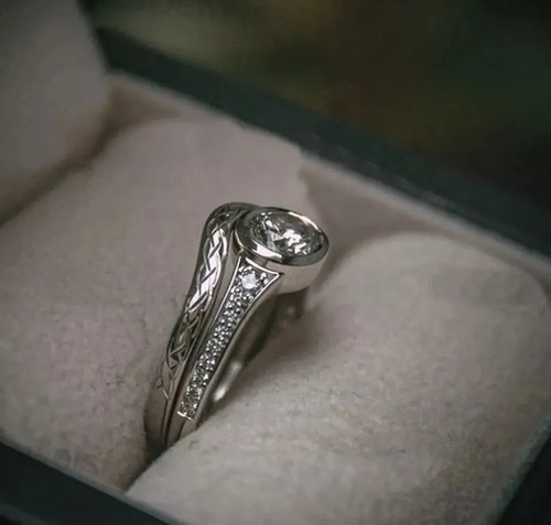Art Deco Round Lab Created Diamond Filigree Wedding 925 Silver Bridal Ring Set - Picture 6 of 9