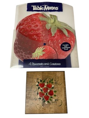 Pimpernel Strawberry Table Mates (4 With 4 Coasters) & Wooden Strawberry Picture