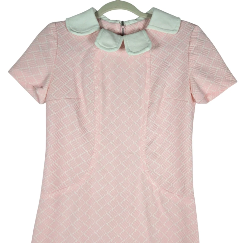 Mini Vestido True Vintage Años 60 Para Mujer Pequeño Mod Rosa Blanco Doble Tejido Hecho a Mano Foto 2 de 4