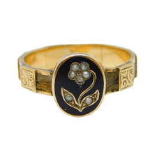 Victorian 9ct Gold, Woven Hair, Black Enamel & Pearl Mourning Ring Antique c1860