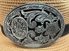 Classic Antiqued Silver Oval Floral Vine Western Cowboy Belt Buckle