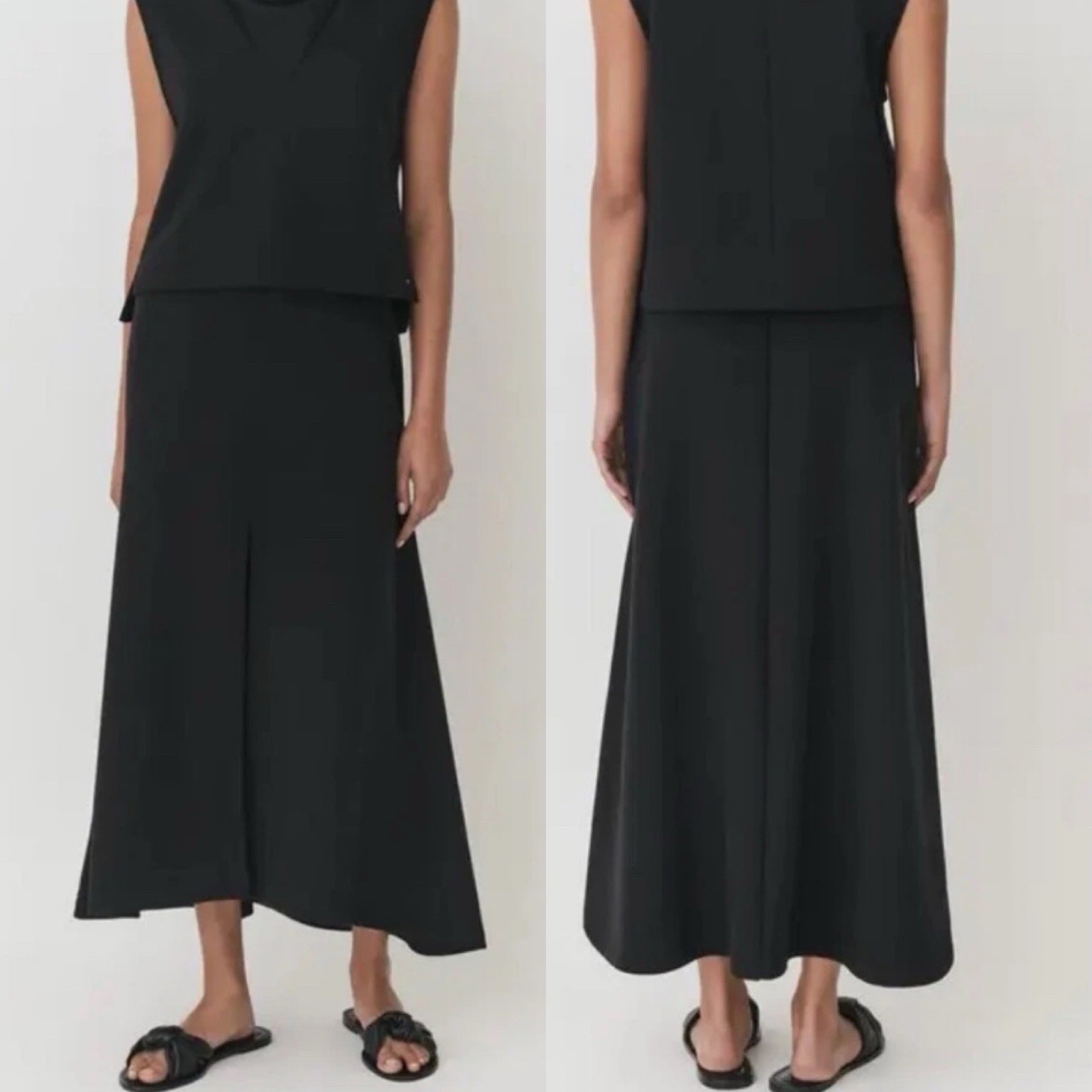 CUYANA Women L Black Organic Pima Cotton Terry Elastic Waist Split Front Skirt