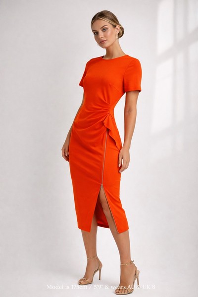 ASOS Orange Ruched Midi Bodycon Dress AU 8 Cocktail Party Side Split 