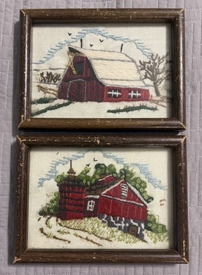 Set of 2 Vintage Crewel Work Barn Pictures Framed Under Glass 8 x 6 