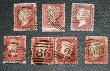 GB QV 1854-58 1d red x7. Perfs 2 stars large/small crowns, blue/white paper