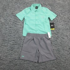 Under Armour Shirt Shorts Set Boys 6 Green Gray UPF 50 Button Front Casual NWT