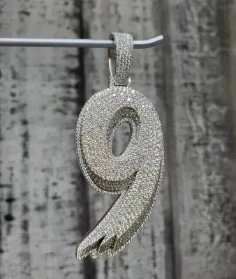 2.4Ct Round Cut Real Moissanite Custom 9 Number Pendant 14K White Gold Plated