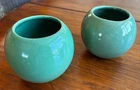 2 Midcentury Art Pottery Round Orb Planters Vases USA (Haeger?) Green Glaze 4"