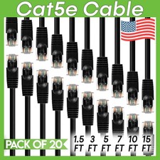 20 PACK Cat5e Cable Black Cat 5 Patch Cord Ethernet RJ45 Connectors LAN Wire
