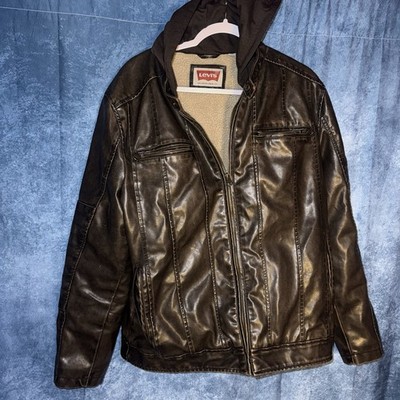 Levi's Dark Brown Faux Leather Sherpa-Lined Hooded Moto Jacket Men's Size L