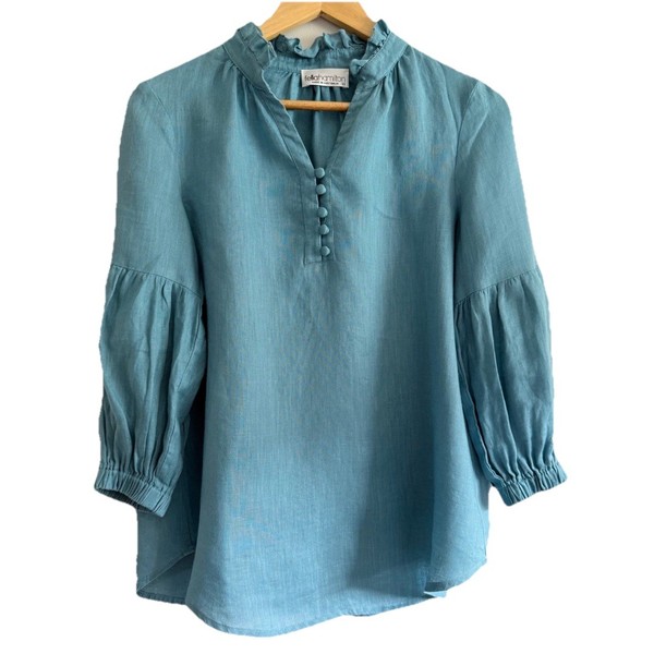Fella Hamilton Sz XS 6 Turquoise 100% Linen Blouse Top Tunic 