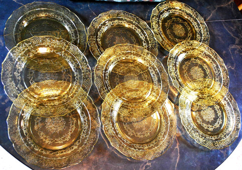 Vtg Set 9 Federal NORMANDIE AMBER Depression Glass LUNCHEON PLATES 9.25" 1930s