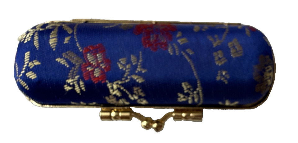 Brocade Embroidered Lipstick Case w Mirror Blue Floral Trinket Clasp ...