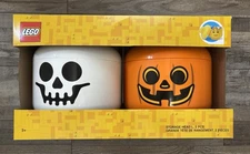 LEGO Limited Edition HALLOWEEN Storage Heads 2 PIECE SET Skeleton & Pumpkin NEW 