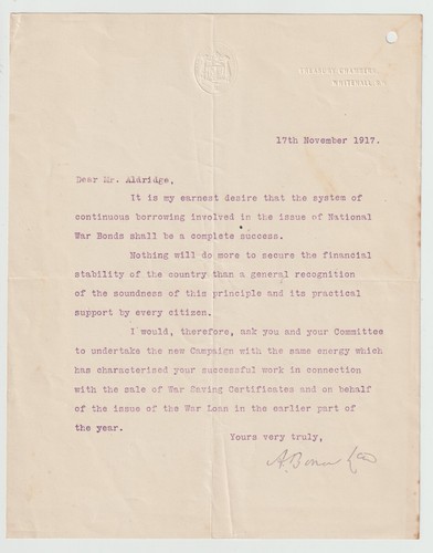 Prime Minister Andrew Bonar Law Letter On War Bonds, 1917