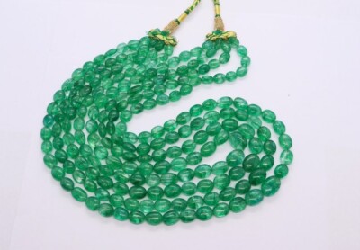 4 Layer Green Emerald Smooth Oval Shape Gemstone Beads Handmade Necklaces 18''