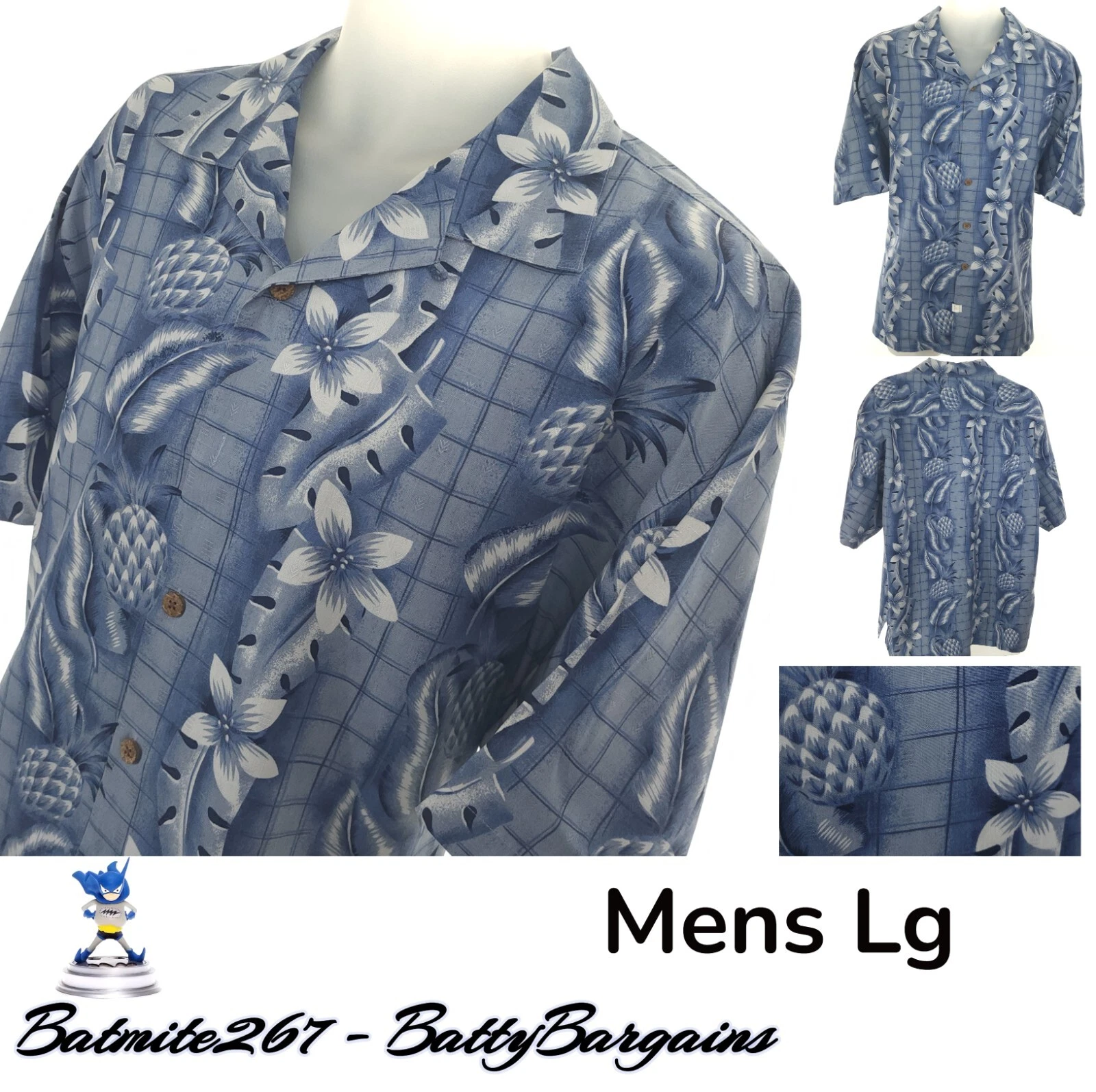 Tommy Bahama Mens L Hawaiian 100% Silk Shirt S/S Blue Floral Button Up Lg