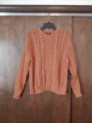 Aigle Chunky Cableknit Sweater Crewneck Woman's Size L Orange 100% Cotton Cozy