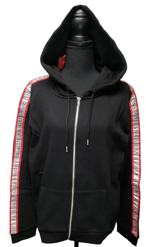 GUESS Jet Black Chelse Silver Glitter Metallic Logo W/ Red Stripe Hoodie Size XL - 第 1/10 張圖片