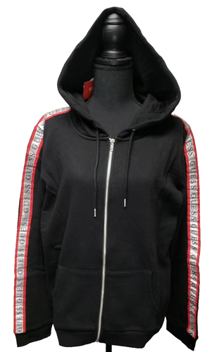 GUESS Jet Black Chelse Silver Glitter Metallic Logo W/ Red Stripe Hoodie Size XL - Picture 1 of 10