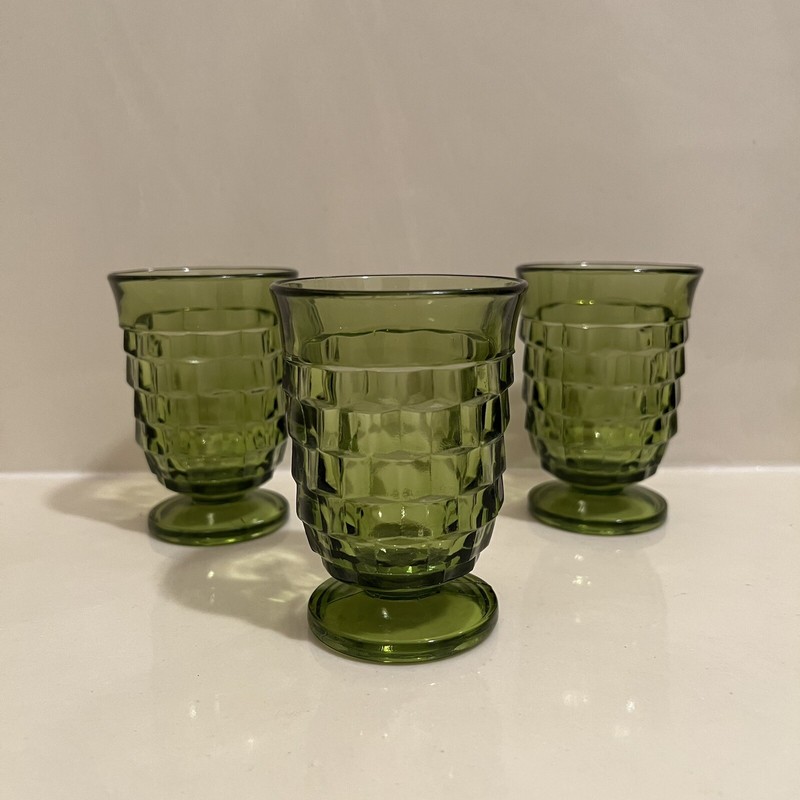 Vintage Indiana Whitehall Avocado Green Cubist Footed Water Glassses